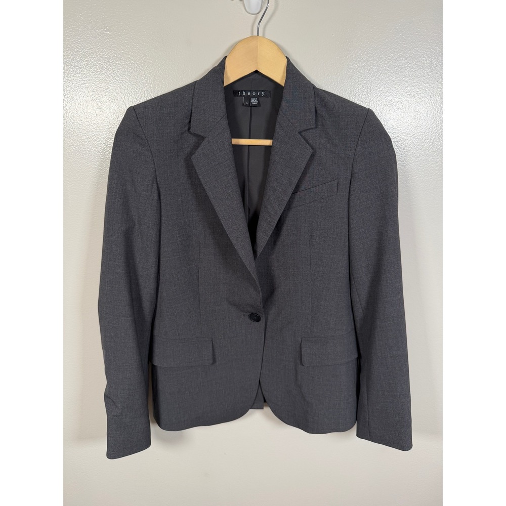 Theory Gabe N Blazer Size 2 Gray Wool Blend Single Button Professional Jacket